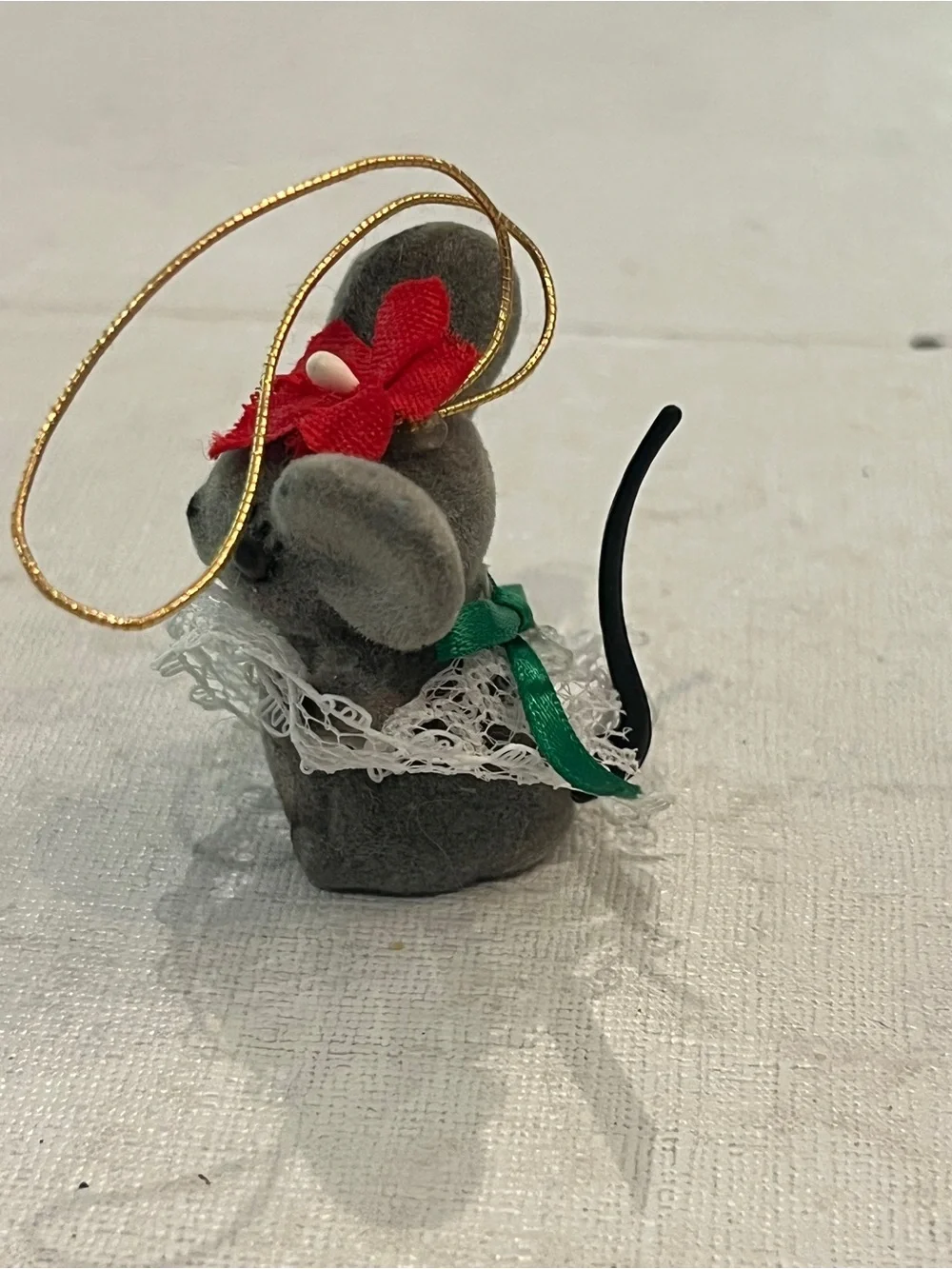 Vintage Gray Flocked Christmas Mouse Ornament. Adorable!